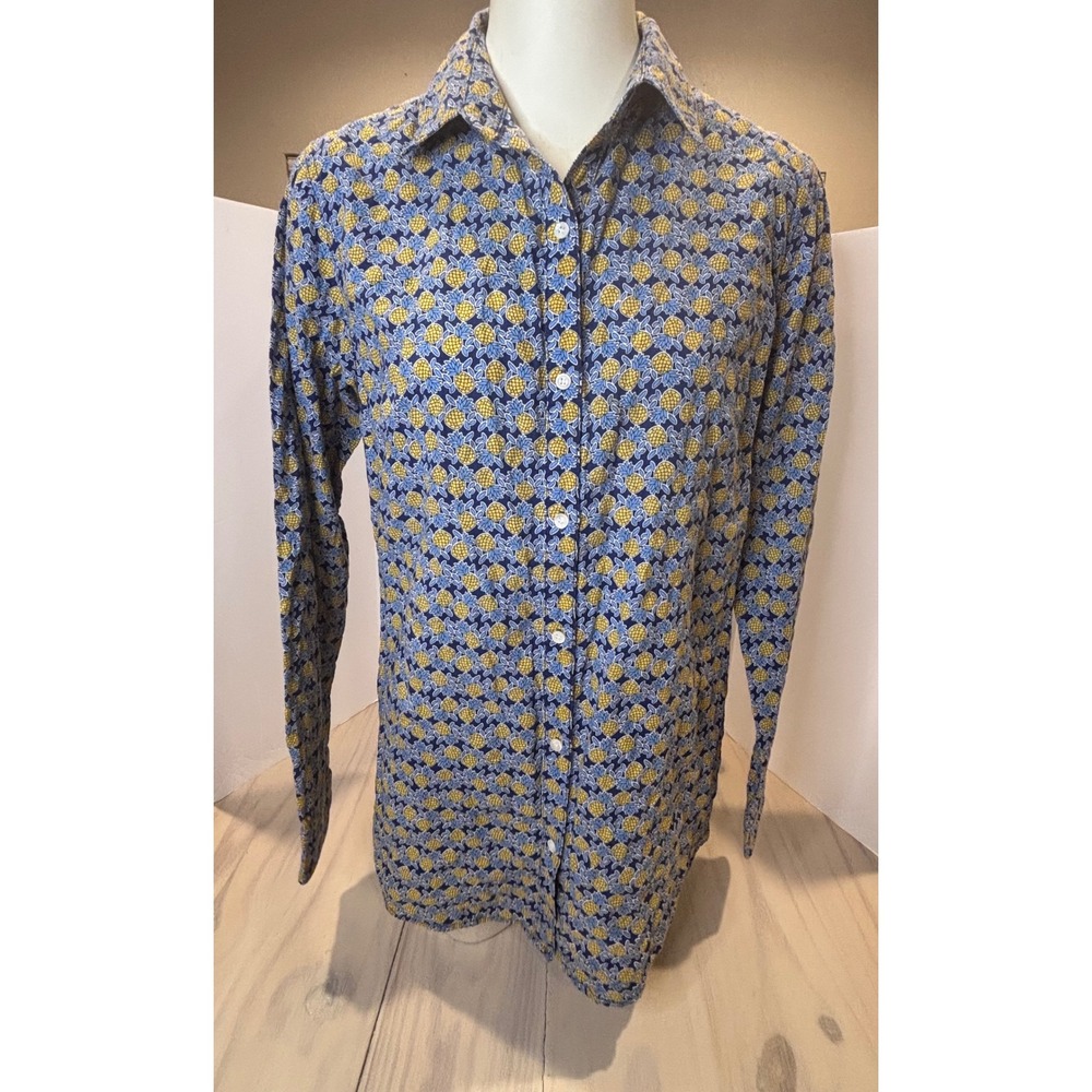 J.McLaughlin Womens Pineapple‎ Print Button Down Shirt Blue Yellow Cotton Size M